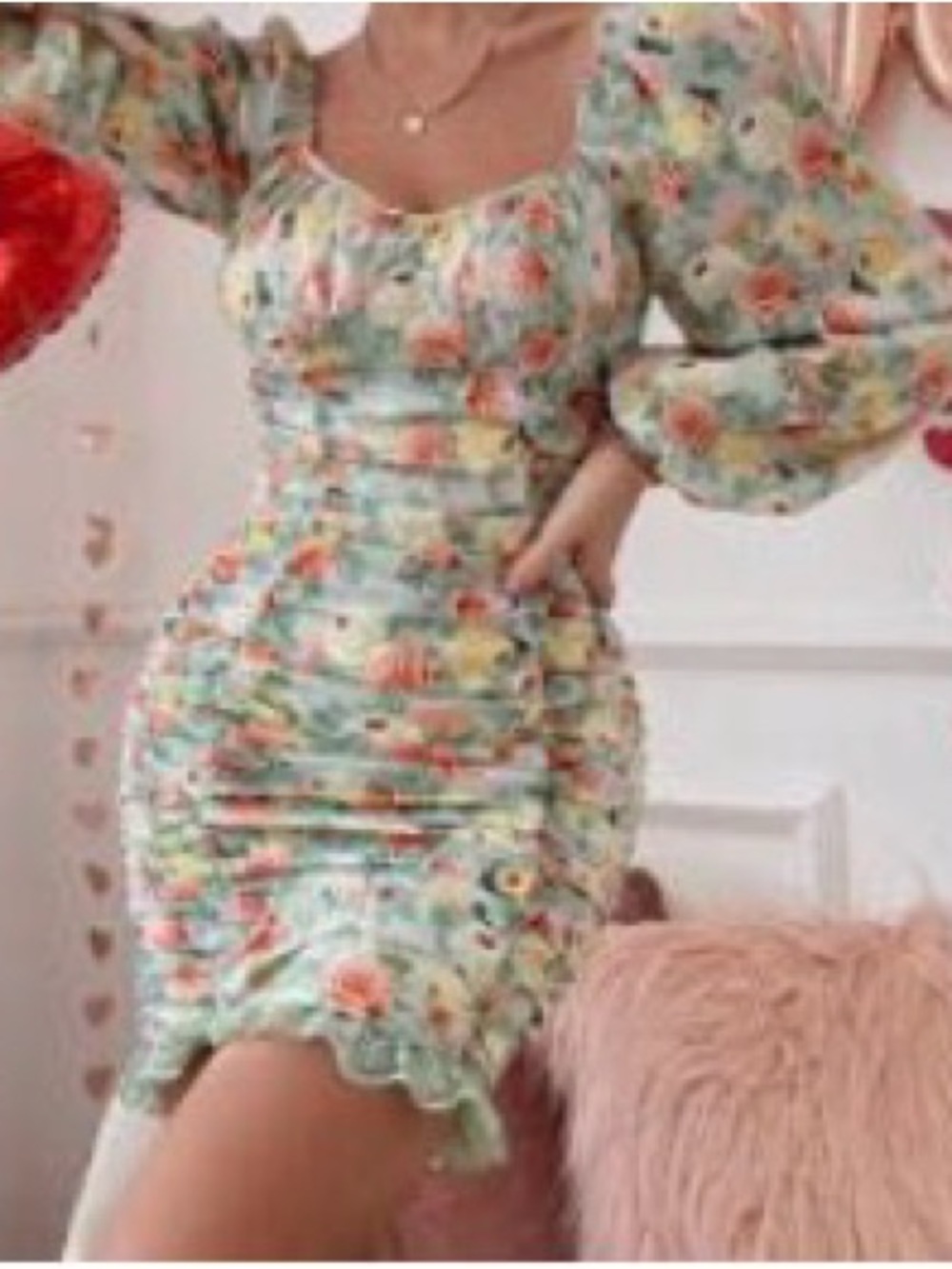 Ruched Long-Sleeve Floral Mini Dress - Pink Rose on Light Blue